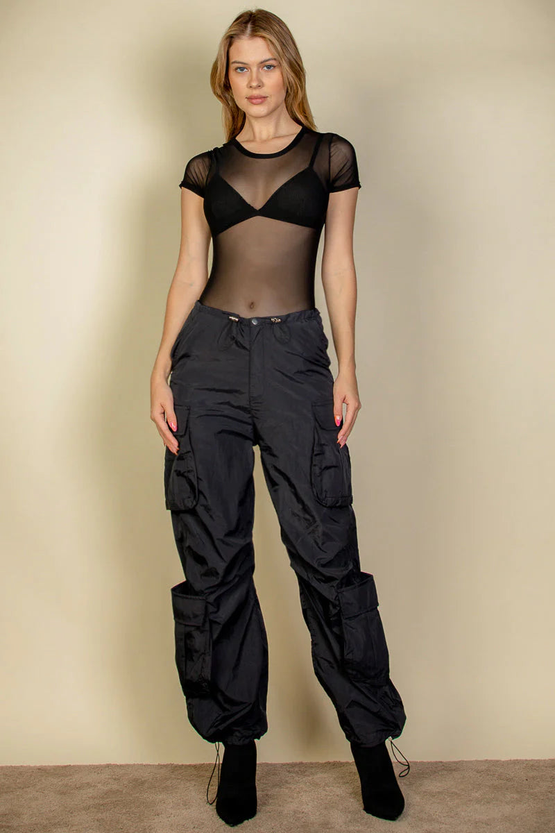 Flap Pockets Drawstring Ruched Parachute Pants (CAPELLA)