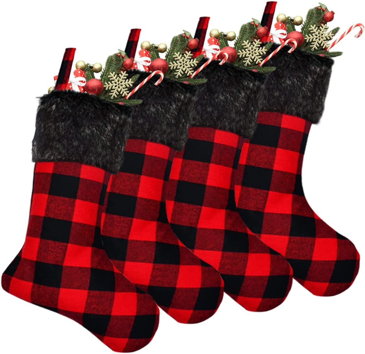 Senneny Christmas Stockings- 4 Pack 18" Red Black Buffalo Plaid Christmas Stockings with Plush Faux Fur Cuff, Classic Large Christmas Stockings Decorations for Family Christmas Holiday Party Decor