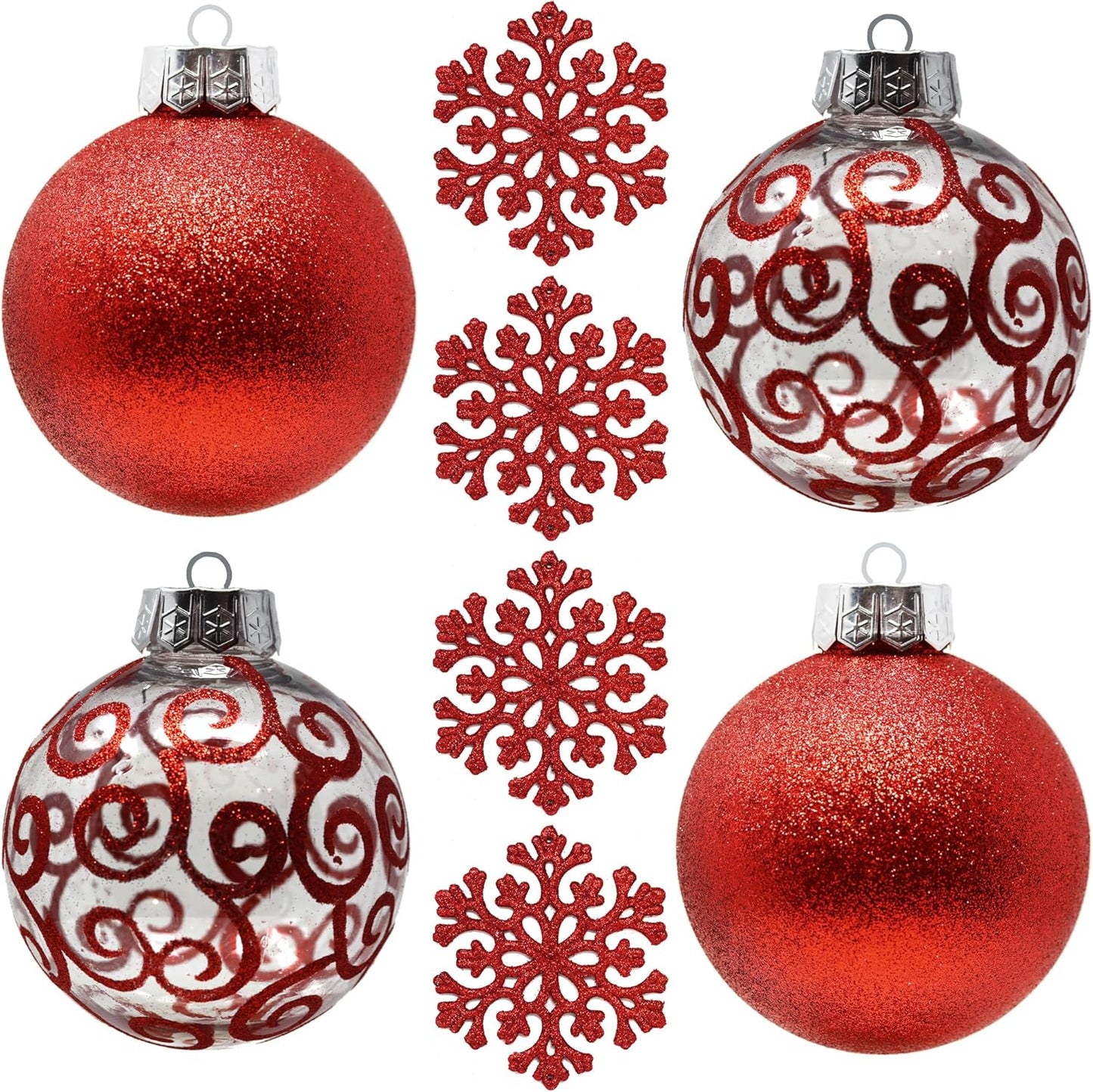 SLEETLY Big Black Ornaments for Farmhouse Christmas Tree Holiday Xmas Decorations for Christmas - Large Shatterproof Plastic 4.72 Inch Glitter Snow Balls and Snowflakes, Ornament Set of 8