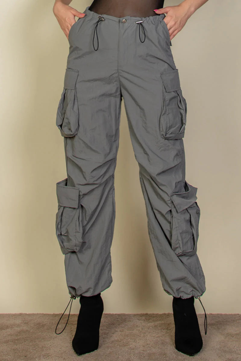 Flap Pockets Drawstring Ruched Parachute Pants (CAPELLA)