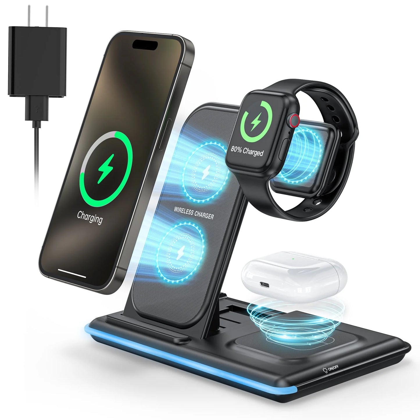 Wireless Charger, 18W Fast Iphone Charging Station for Iphone 16/15/14/13/12 /11/Pro Max/Plus, 3 in 1 Wireless Charging Stand for Iwatch Series SE 10/9/8/7/6/5/4/3, Airpods Pro/3/2 (W/ QC3.0 Adapter)