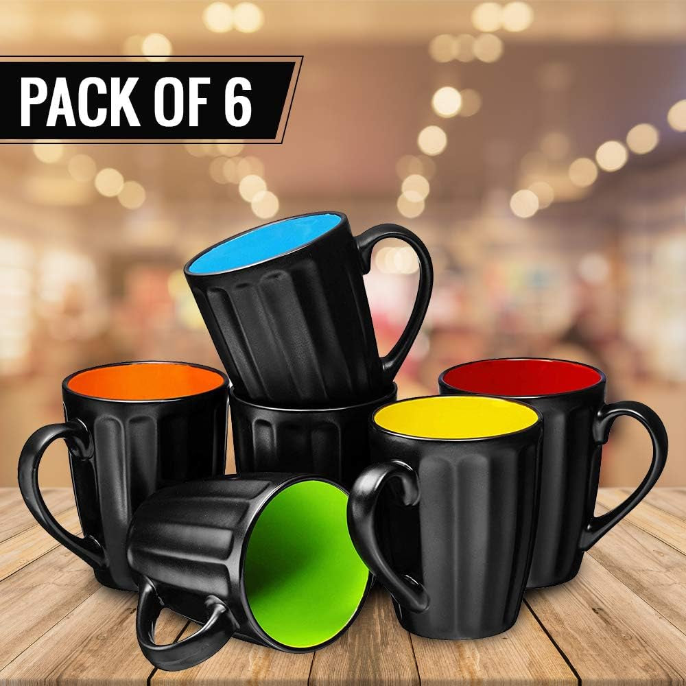 Bruntmor 16Oz Matte Black Coffee Mugs Set of 6, Large Size Ceramic Espresso Cups, 16 Ounce Coffee Mugs, Black Coffee, Multicolor Inside