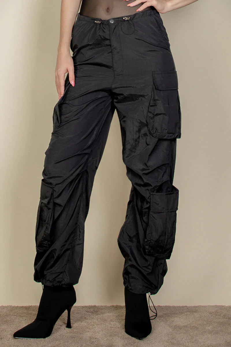 Flap Pockets Drawstring Ruched Parachute Pants (CAPELLA)