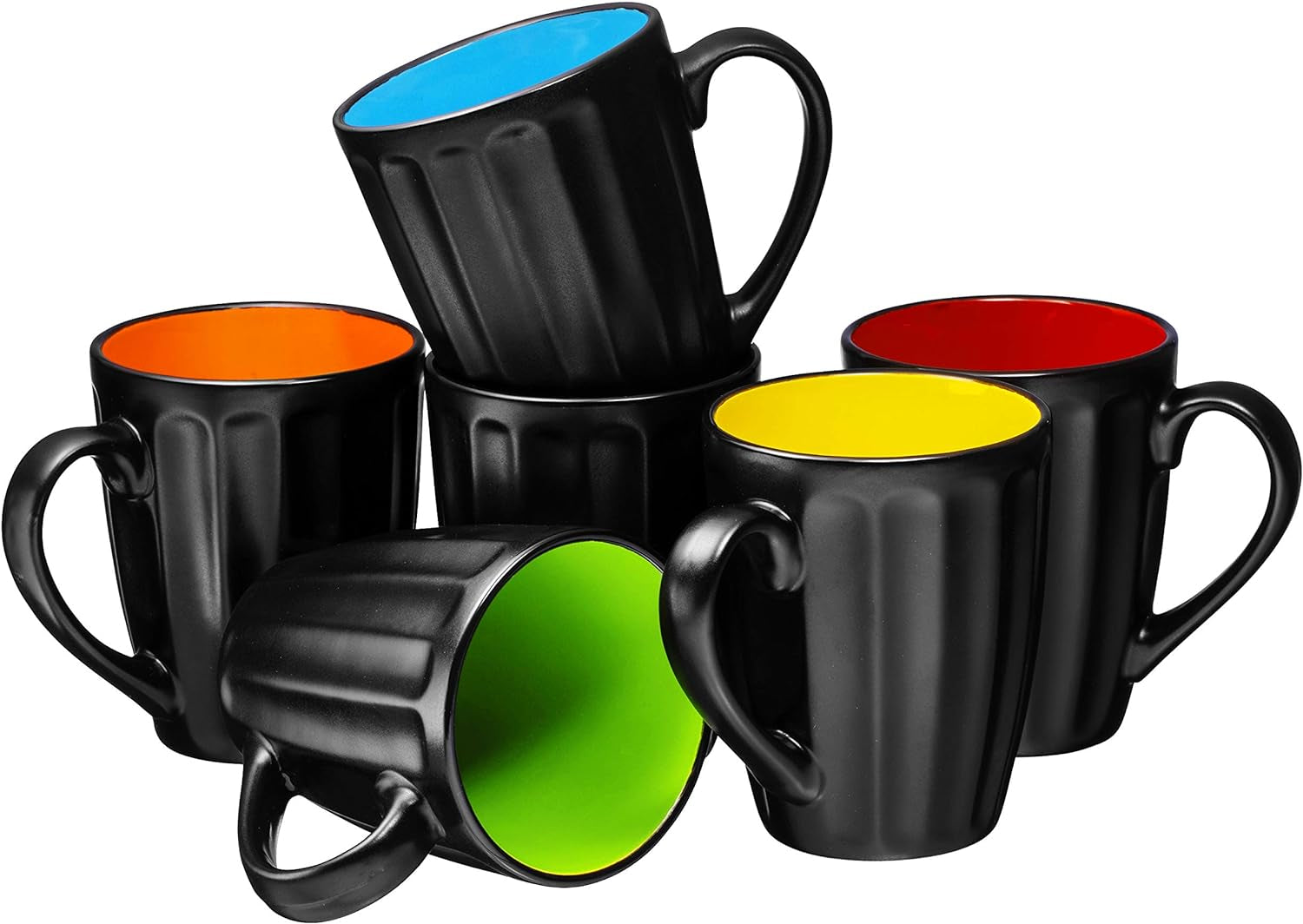 Bruntmor 16Oz Matte Black Coffee Mugs Set of 6, Large Size Ceramic Espresso Cups, 16 Ounce Coffee Mugs, Black Coffee, Multicolor Inside