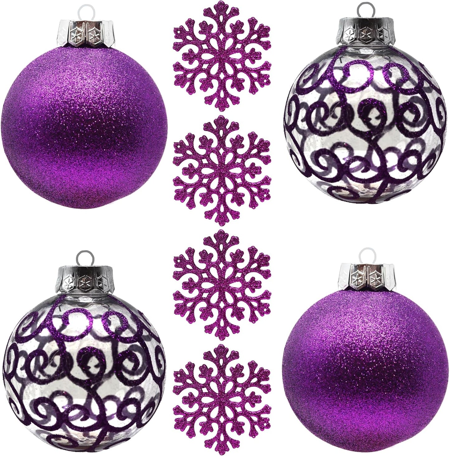 SLEETLY Big Black Ornaments for Farmhouse Christmas Tree Holiday Xmas Decorations for Christmas - Large Shatterproof Plastic 4.72 Inch Glitter Snow Balls and Snowflakes, Ornament Set of 8