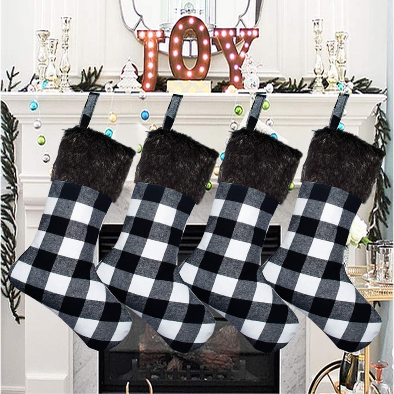 Senneny Christmas Stockings- 4 Pack 18" Red Black Buffalo Plaid Christmas Stockings with Plush Faux Fur Cuff, Classic Large Christmas Stockings Decorations for Family Christmas Holiday Party Decor