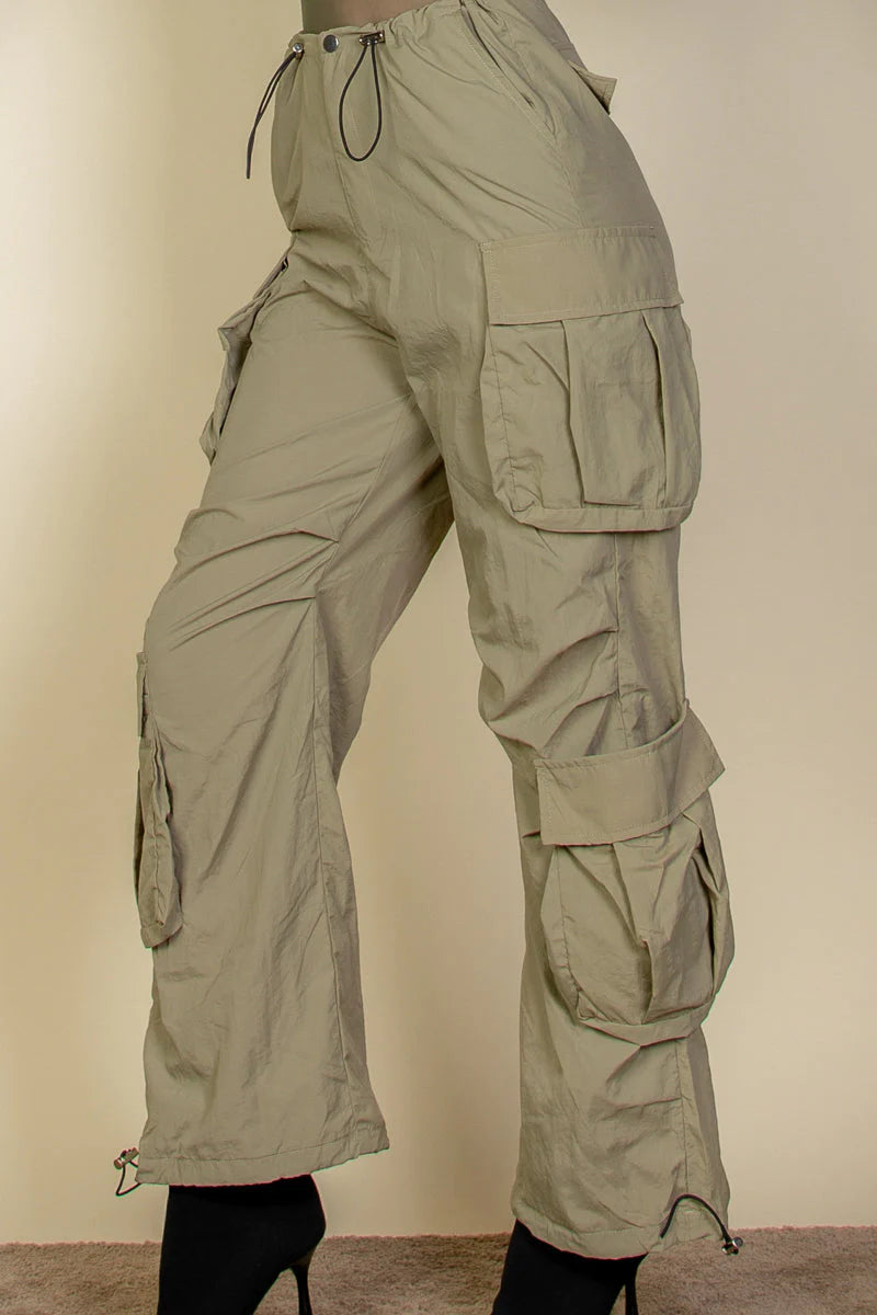 Flap Pockets Drawstring Ruched Parachute Pants (CAPELLA)