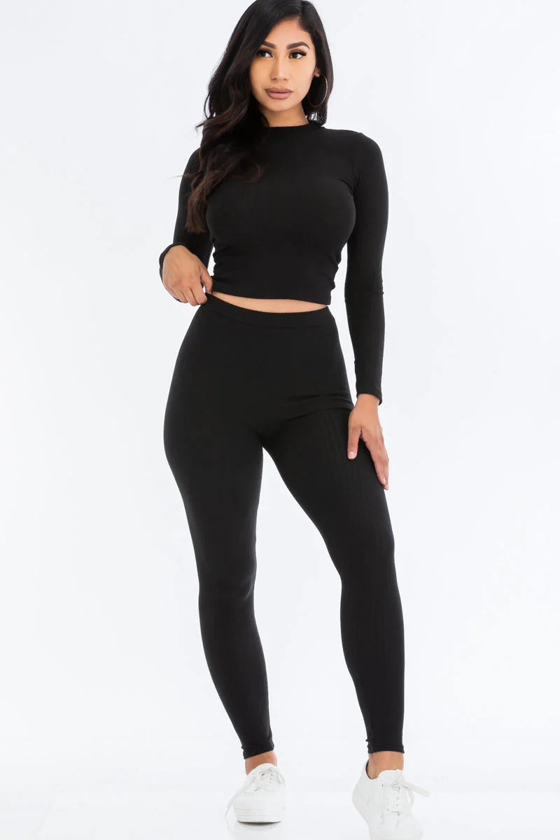 Ribbed Mock Neck Long Sleeve Top & Leggings Set (CAPELLA)